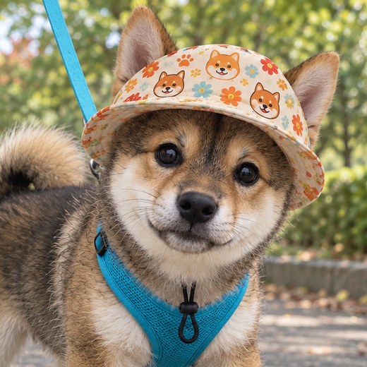 花柄の帽子をかぶった柴犬のぽんずの顔